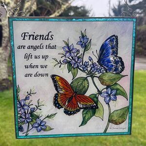 Large Square Friends Are Angels Butterfly Suncatcher NEW Please See VIDEO